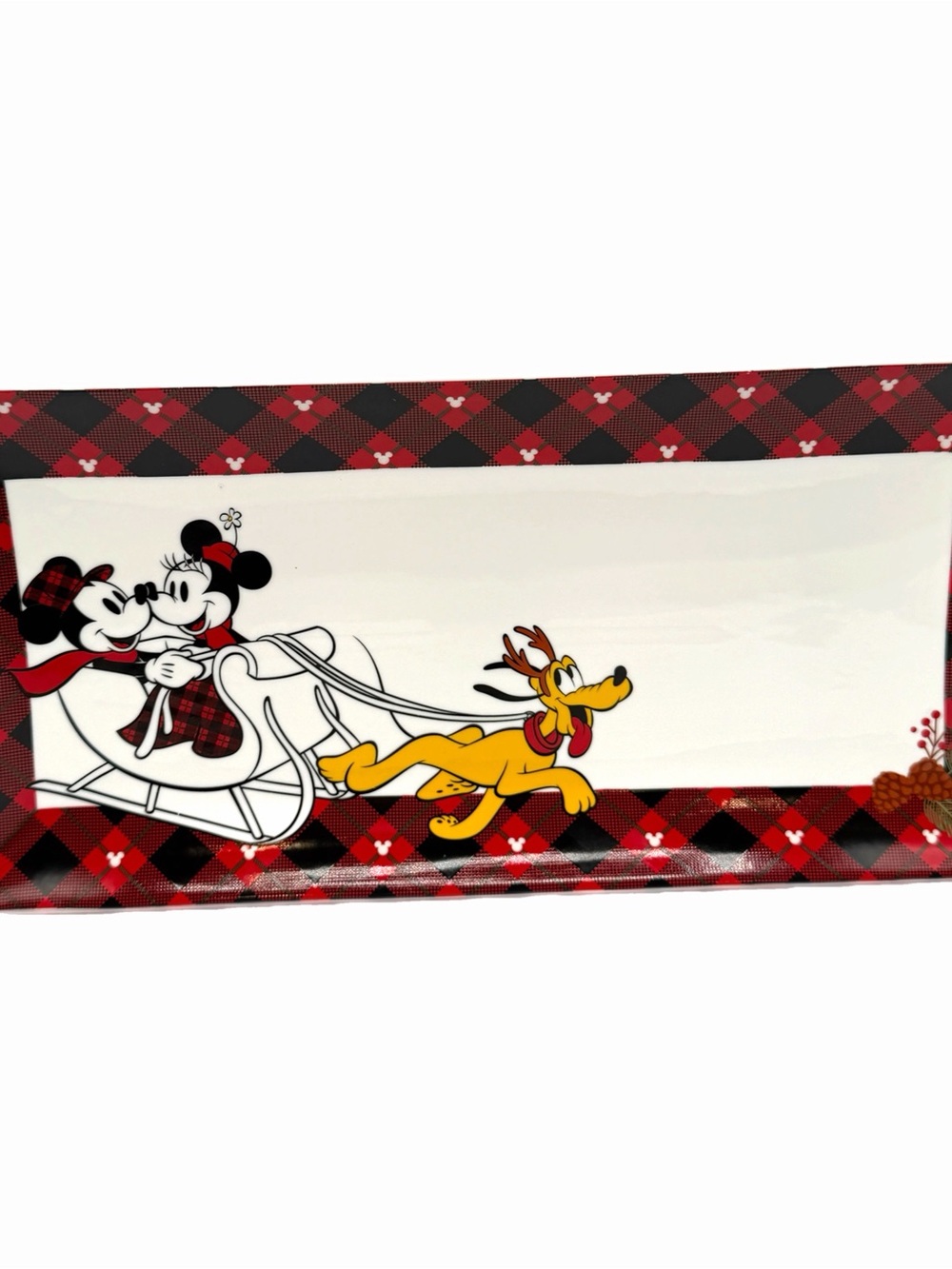 Disney Holiday Red & Black Mickey & Minnie Plaid Border Rectangle Christmas Plat